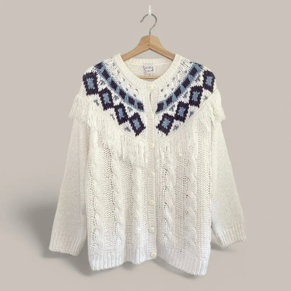 Vintage Nordic Fair Isle Fringe Yoke Cardigan Cable Knit Sweater 80s 90s Medium
